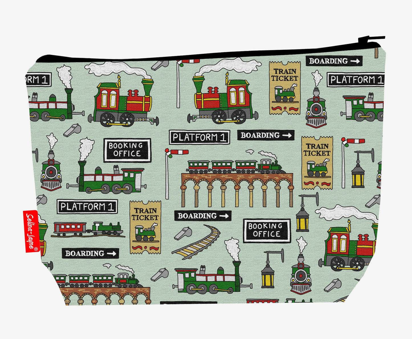 Steam Trains toiletry bag featuring nostalgic railway design with vibrant HD print by Selina-Jayne Designs