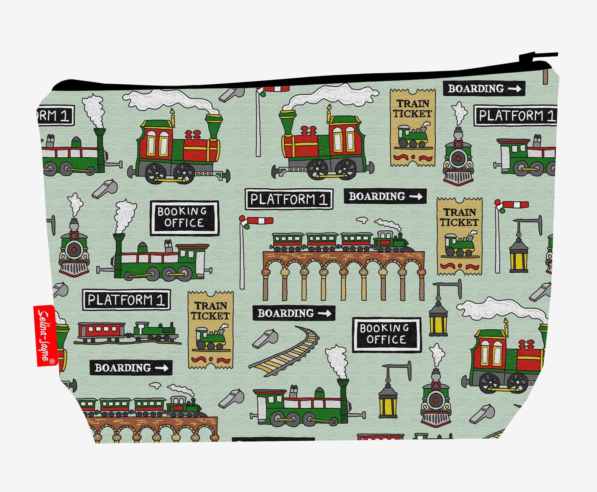 Steam Trains toiletry bag featuring nostalgic railway design with vibrant HD print by Selina-Jayne Designs