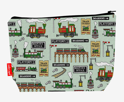Steam Trains toiletry bag featuring nostalgic railway design with vibrant HD print by Selina-Jayne Designs