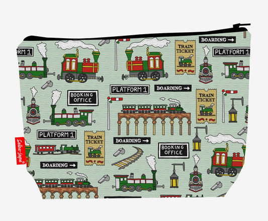 Steam Trains toiletry bag featuring nostalgic railway design with vibrant HD print by Selina-Jayne Designs