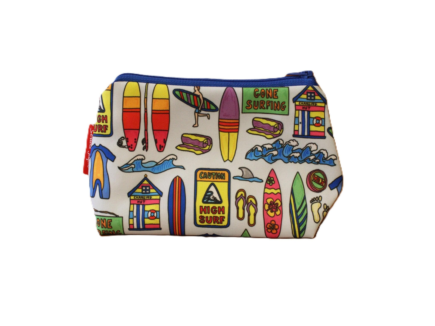 Surfer cosmetic bag by Selina-Jayne featuring beach surfing design with vibrant HD print on premium polyester fabric