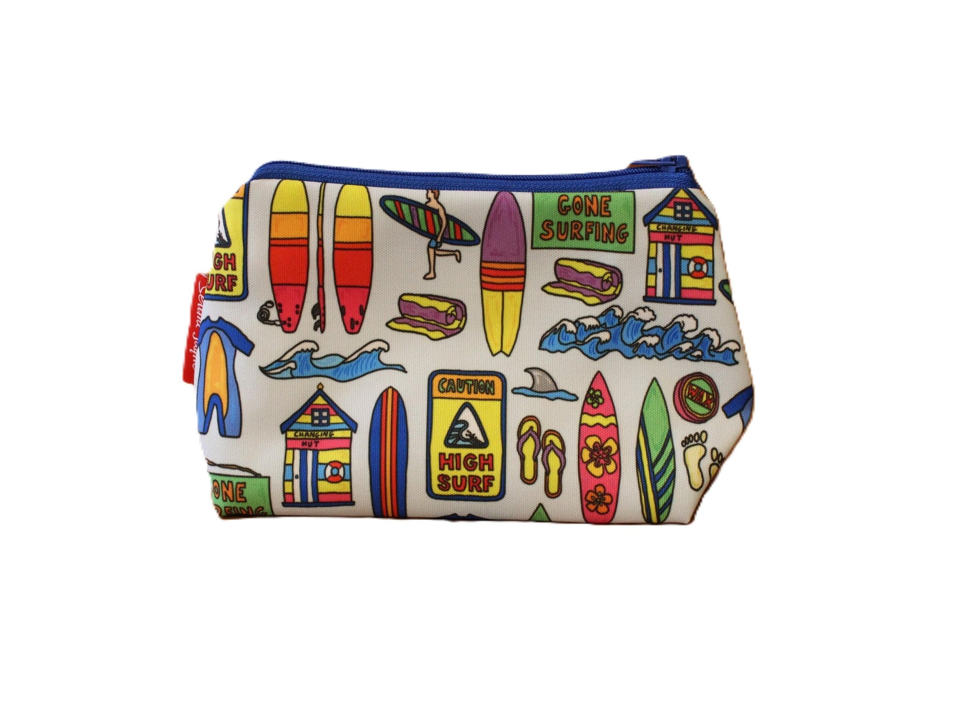 Surfer cosmetic bag by Selina-Jayne featuring beach surfing design with vibrant HD print on premium polyester fabric