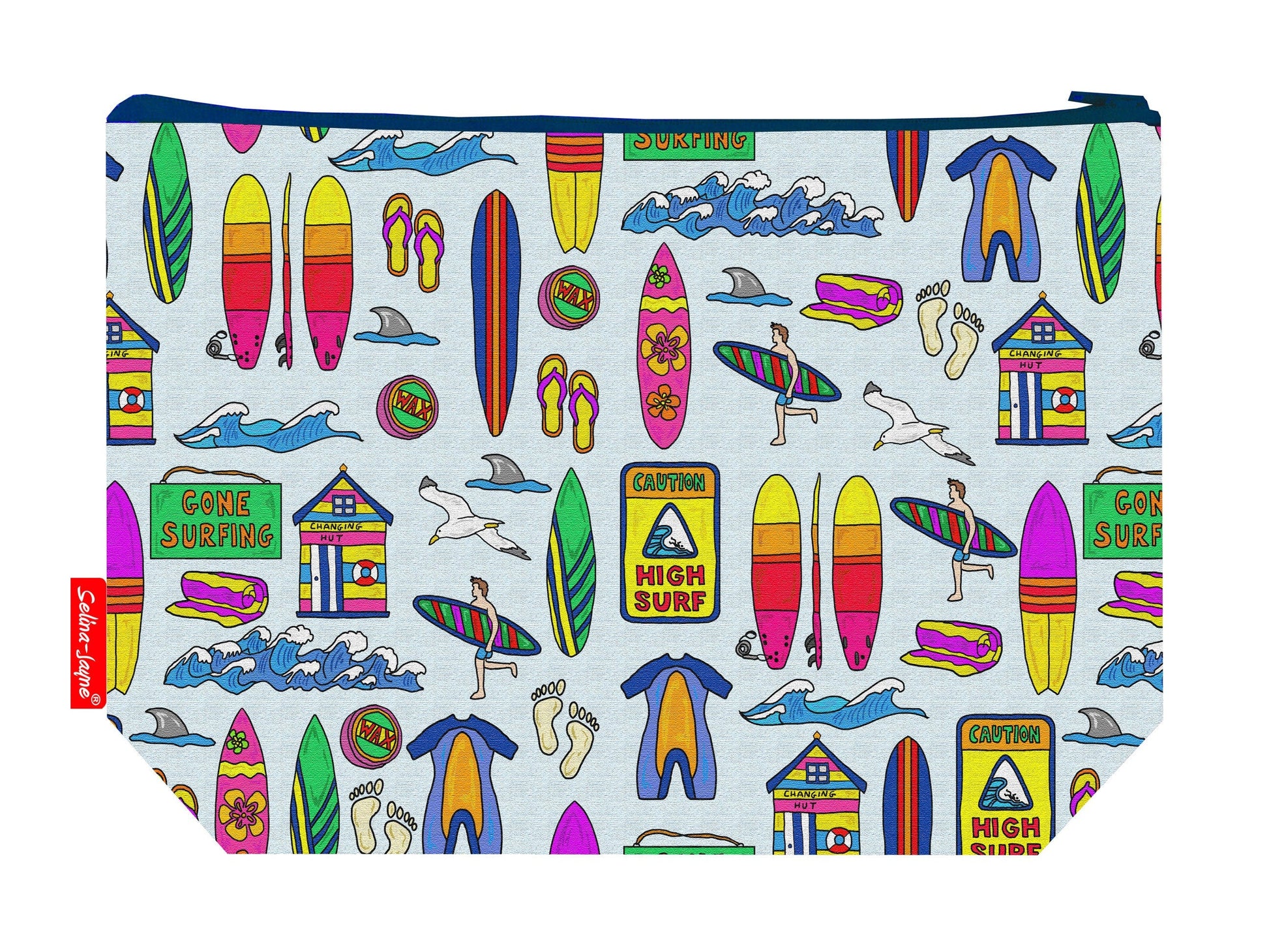 Surfer toiletry bag featuring dynamic wave-riding design with vibrant HD print by Selina-Jayne Designs