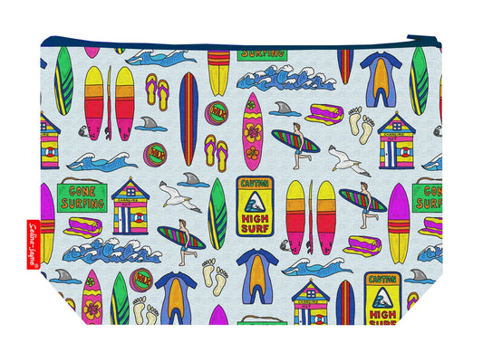 Surfer toiletry bag featuring dynamic wave-riding design with vibrant HD print by Selina-Jayne Designs