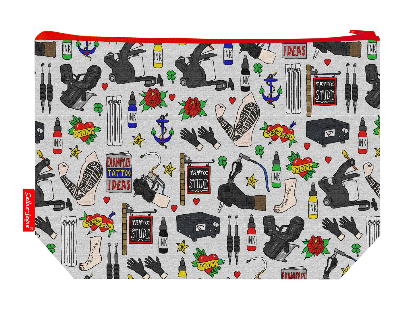 Tattooist toiletry bag featuring striking tattoo art design with vibrant HD print by Selina-Jayne Designs