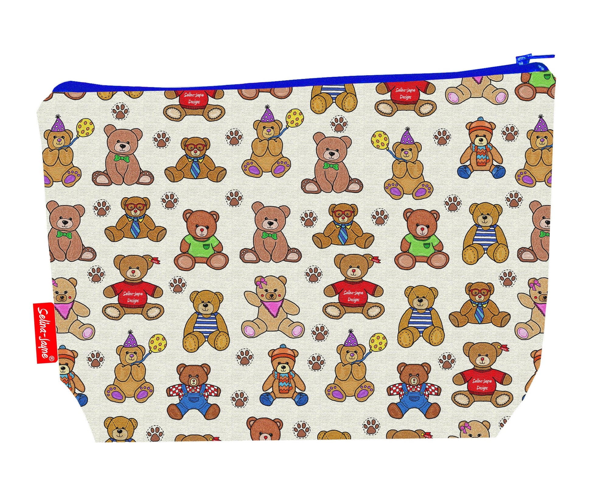 Teddy Bears toiletry bag with cuddly bear print showing washable lining and colour-coordinated zip