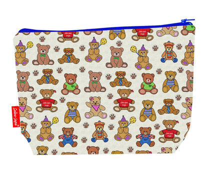 Teddy Bears toiletry bag with cuddly bear print showing washable lining and colour-coordinated zip