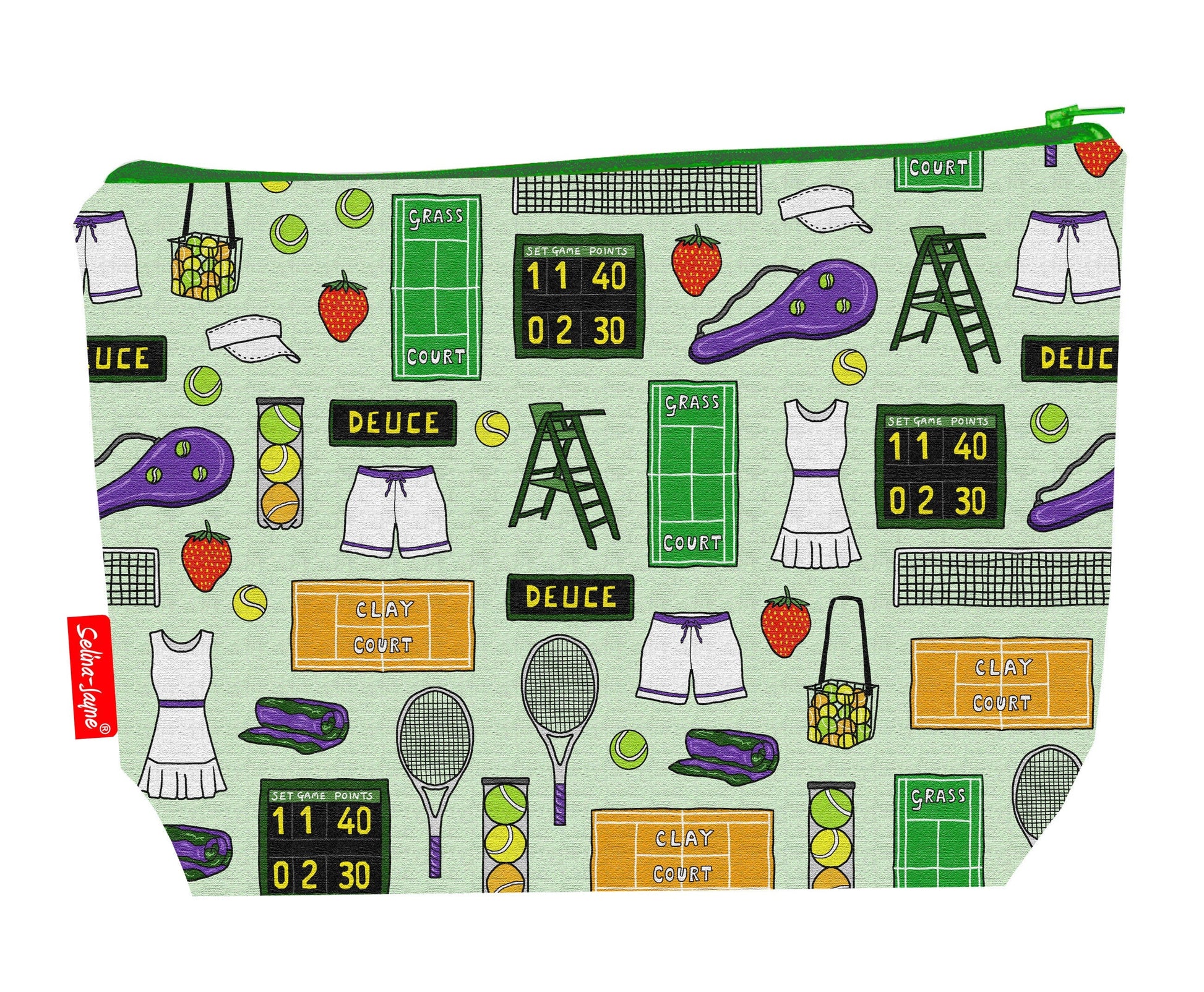 Tennis toiletry bag with racket and ball print showing washable lining and colour-coordinated zip