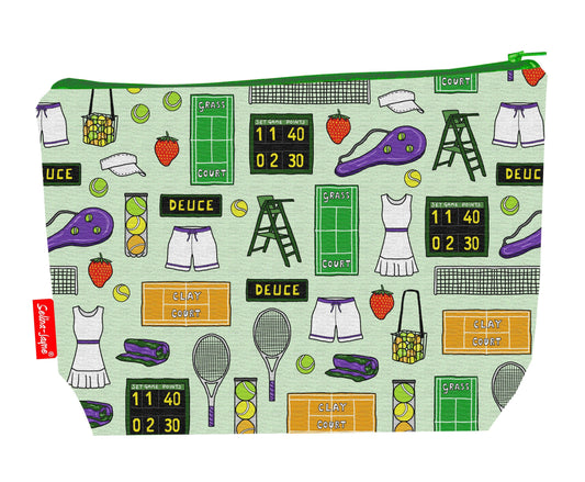 Tennis toiletry bag with racket and ball print showing washable lining and colour-coordinated zip