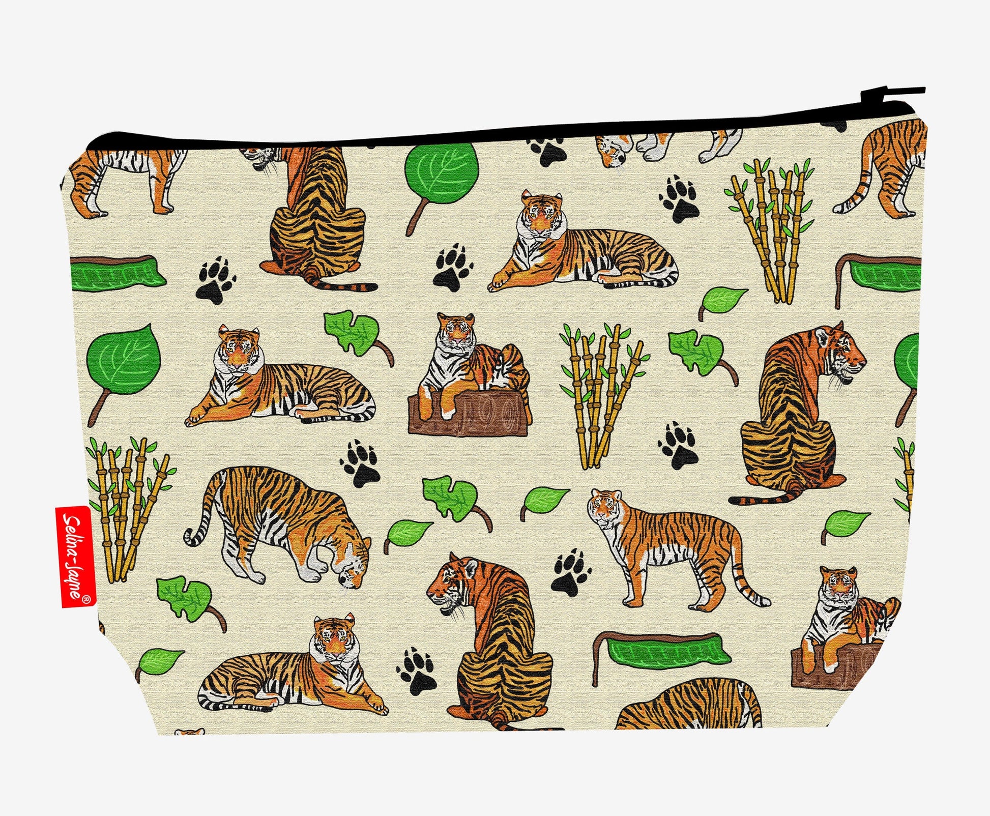 Tigers toiletry bag with majestic big cat print showing washable lining and colour-coordinated zip