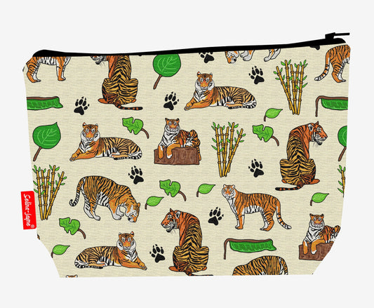 Tigers toiletry bag with majestic big cat print showing washable lining and colour-coordinated zip