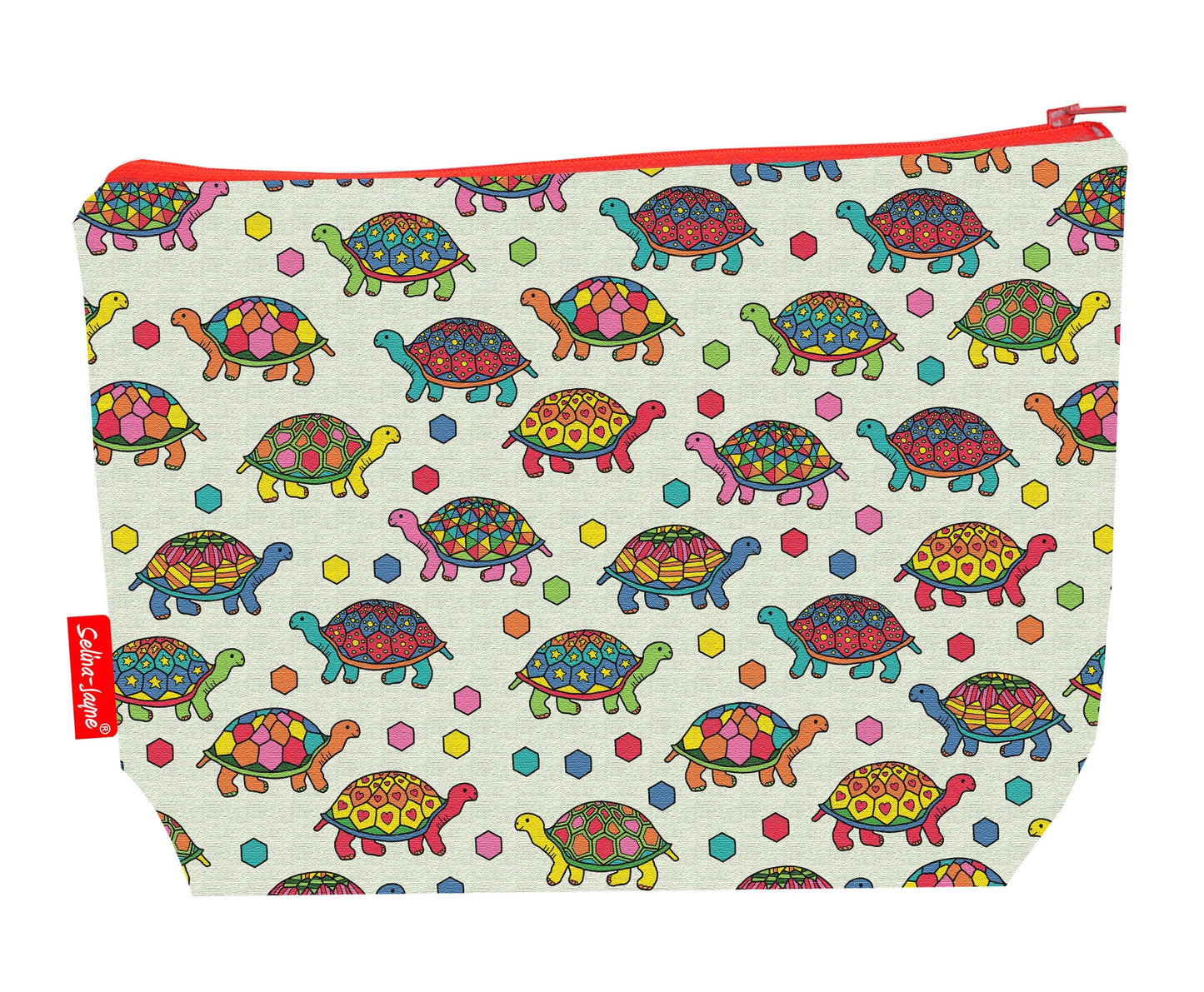 Tortoise toiletry bag with charming reptile print showing washable lining and colour-coordinated zip