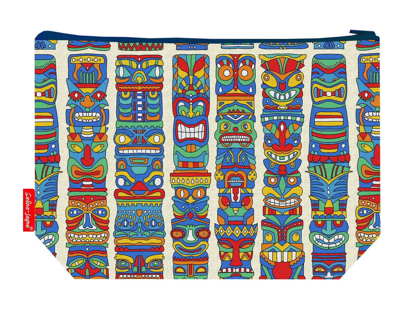 Totem Poles toiletry bag with Northwest Coast art print showing washable lining and colour-coordinated zip