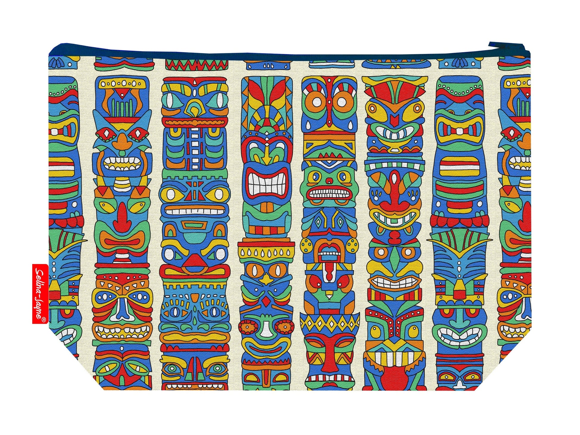Totem Poles toiletry bag with Northwest Coast art print showing washable lining and colour-coordinated zip