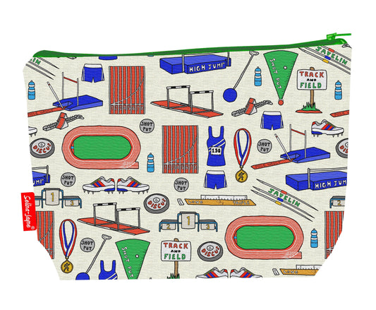 Track and Field toiletry bag with athletics print showing washable lining and colour-coordinated zip