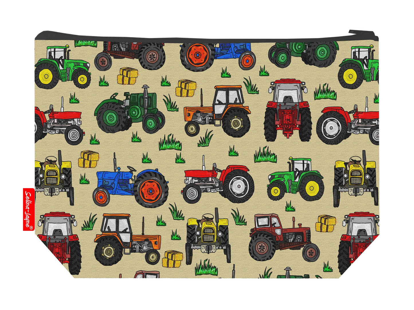 Tractors toiletry bag with classic farm machinery print showing washable lining and colour-coordinated zip