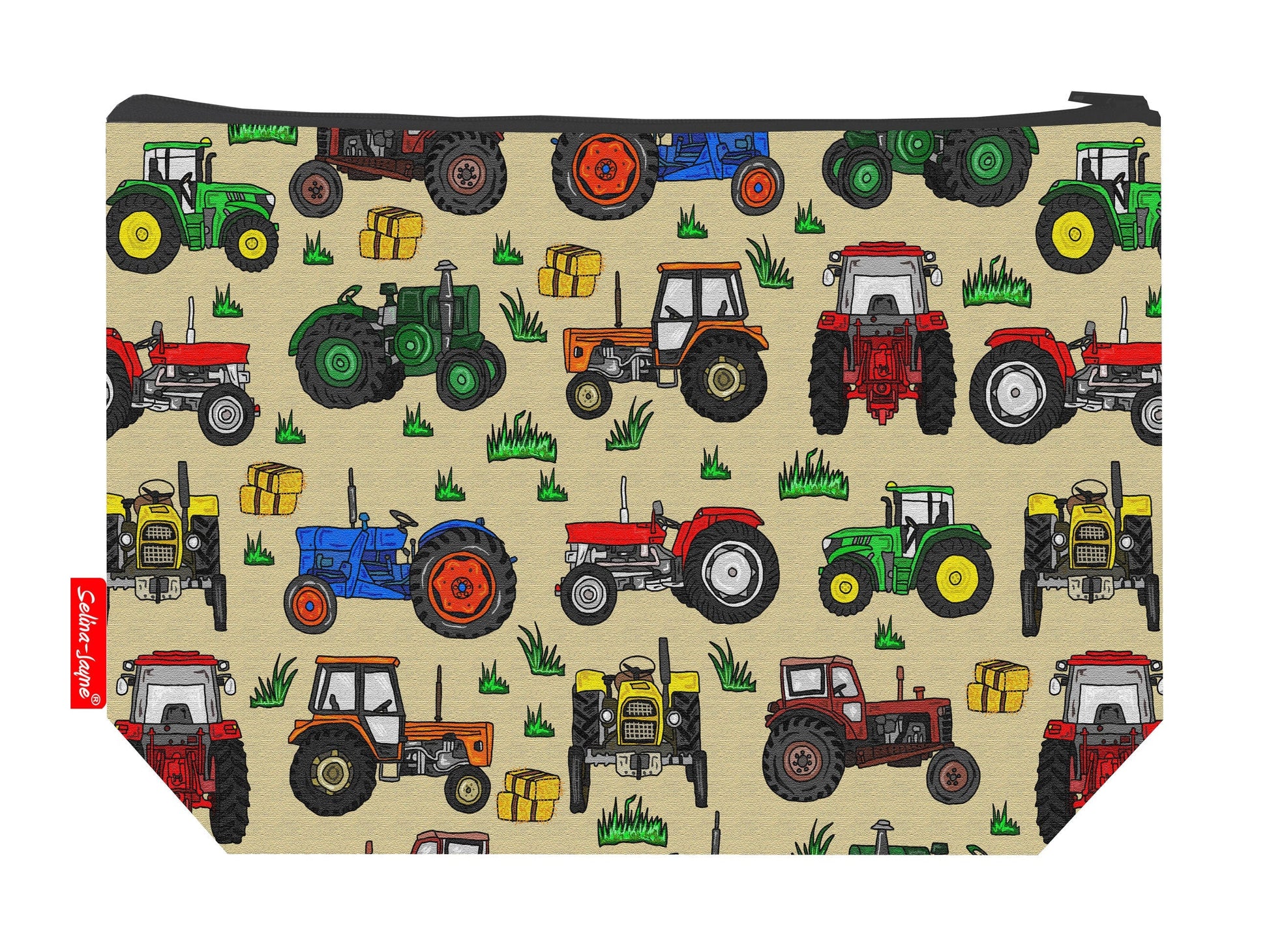 Tractors toiletry bag with classic farm machinery print showing washable lining and colour-coordinated zip