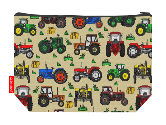 Tractors toiletry bag with classic farm machinery print showing washable lining and colour-coordinated zip