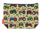 Tractors toiletry bag with classic farm machinery print showing washable lining and colour-coordinated zip