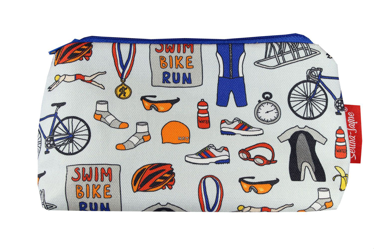 Triathlon cosmetic bag by Selina-Jayne featuring swim-bike-run sports design with vibrant HD print on premium polyester fabric
