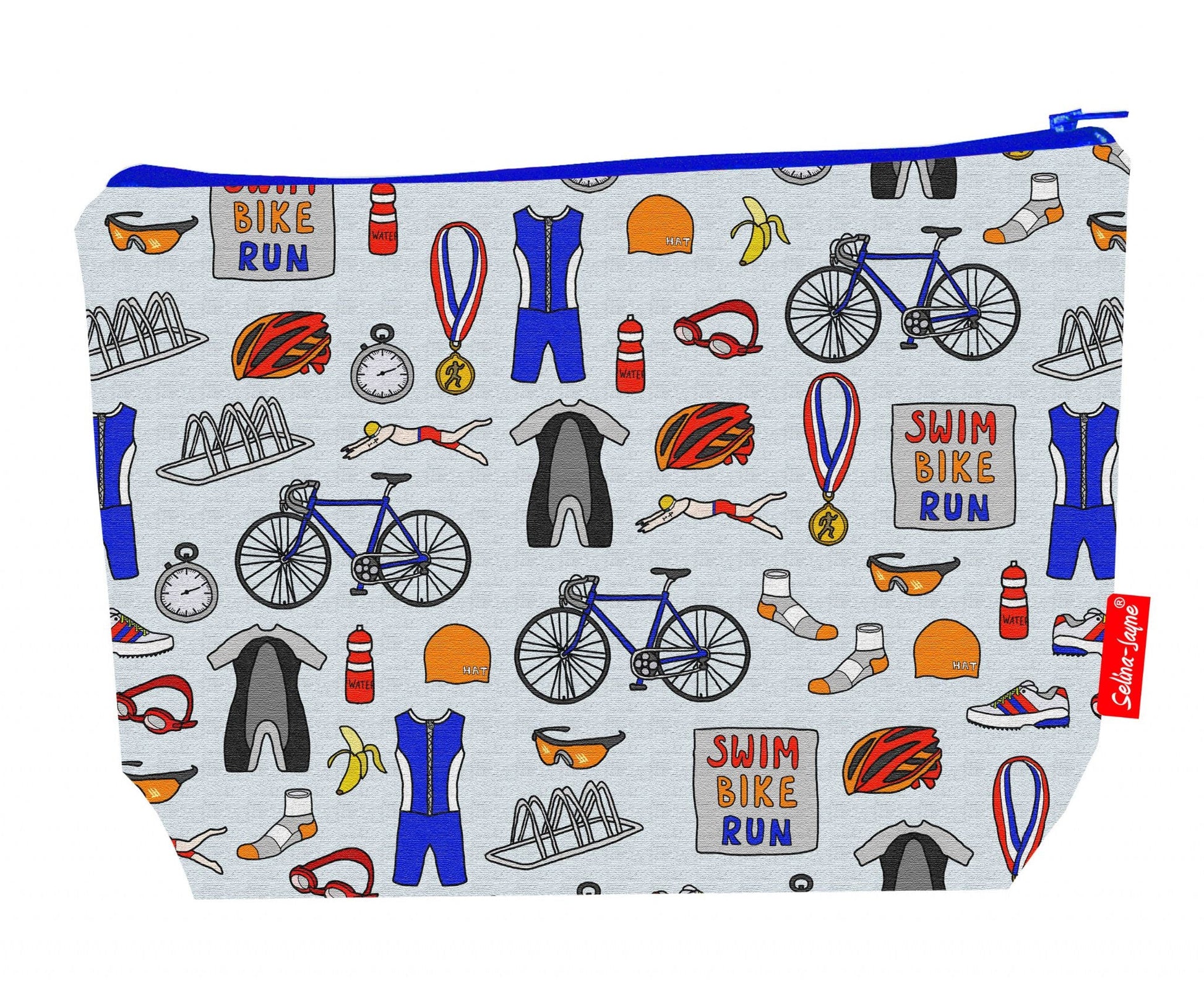 Premium triathlete wash bag with vibrant HD multi-sport design, perfect for training and race travel