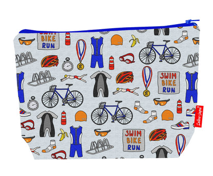 Premium triathlete wash bag with vibrant HD multi-sport design, perfect for training and race travel