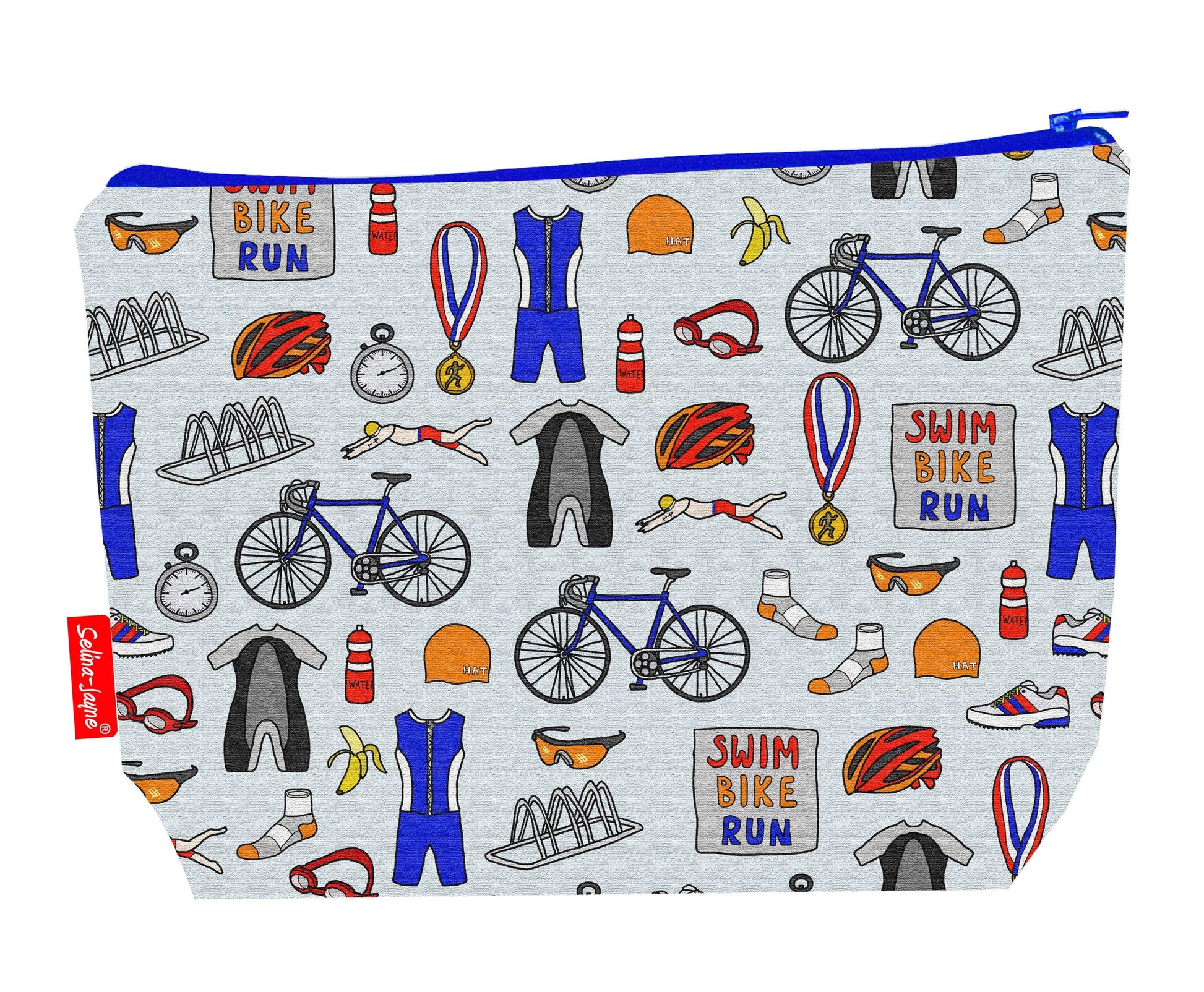 Triathlon toiletry bag with swim bike run print showing washable lining and colour-coordinated zip
