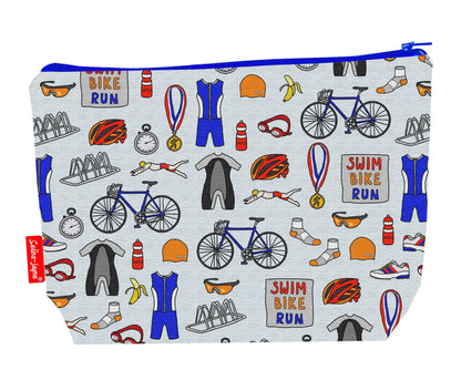 Triathlon toiletry bag with swim bike run print showing washable lining and colour-coordinated zip