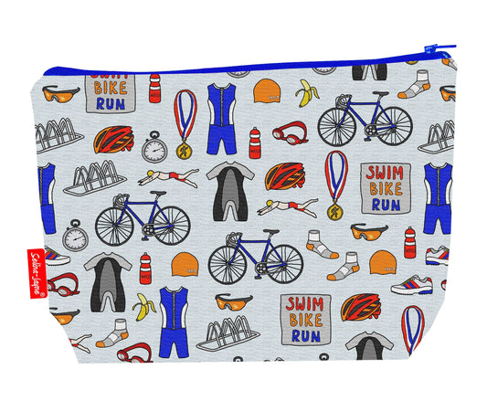 Triathlon toiletry bag with swim bike run print showing washable lining and colour-coordinated zip
