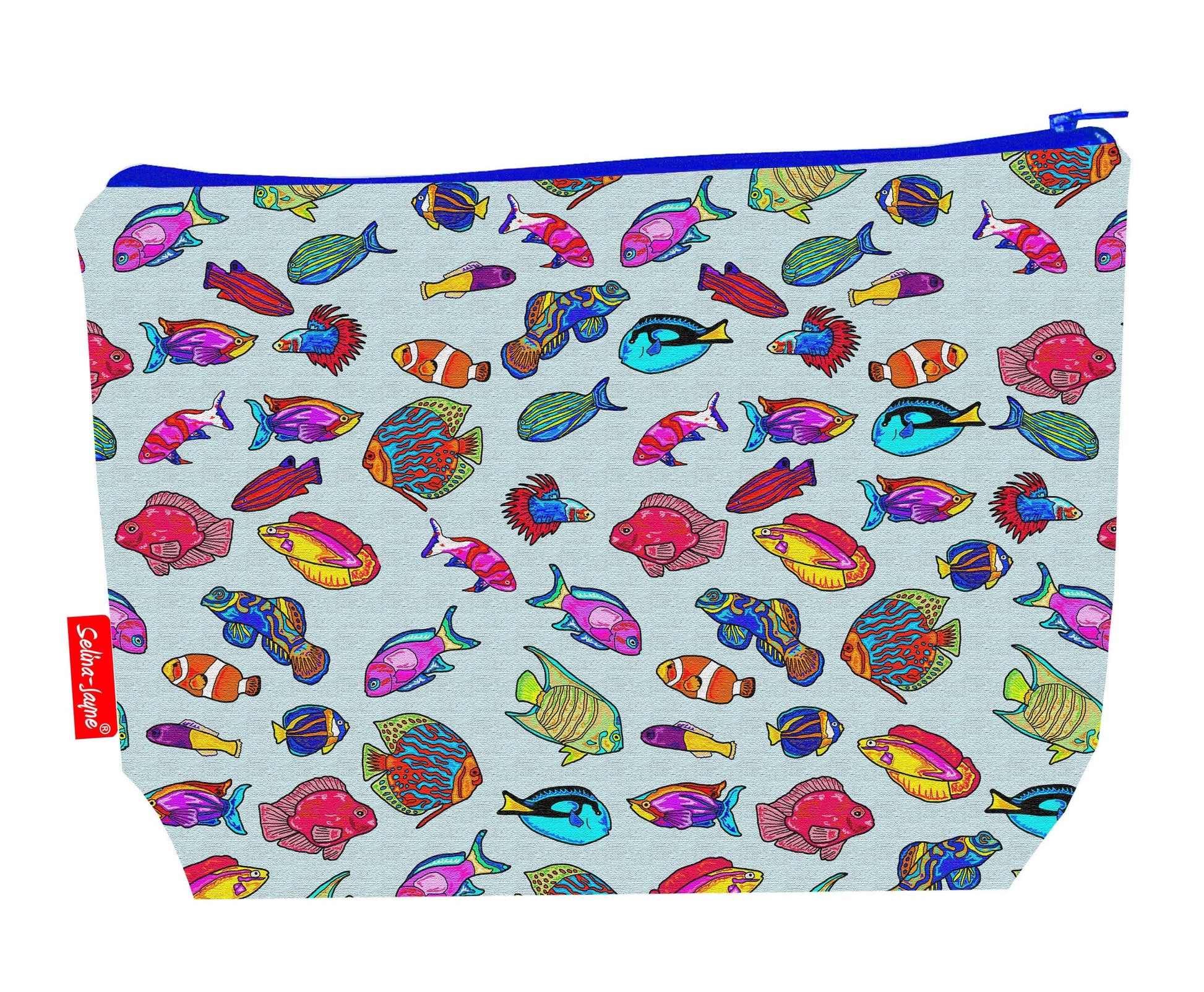 Tropical Fish toiletry bag with colourful marine life print showing washable lining and colour-coordinated zip