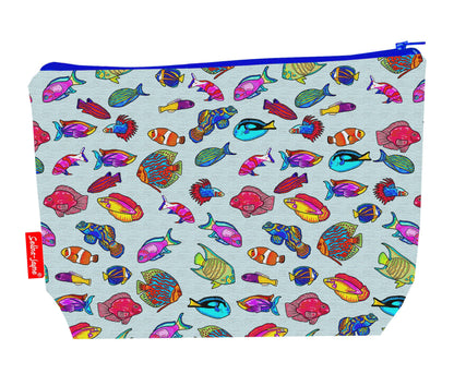 Tropical Fish toiletry bag with colourful marine life print showing washable lining and colour-coordinated zip