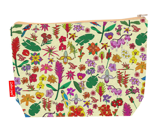 Tropical Flowers toiletry bag with exotic floral print showing washable lining and colour-coordinated zip