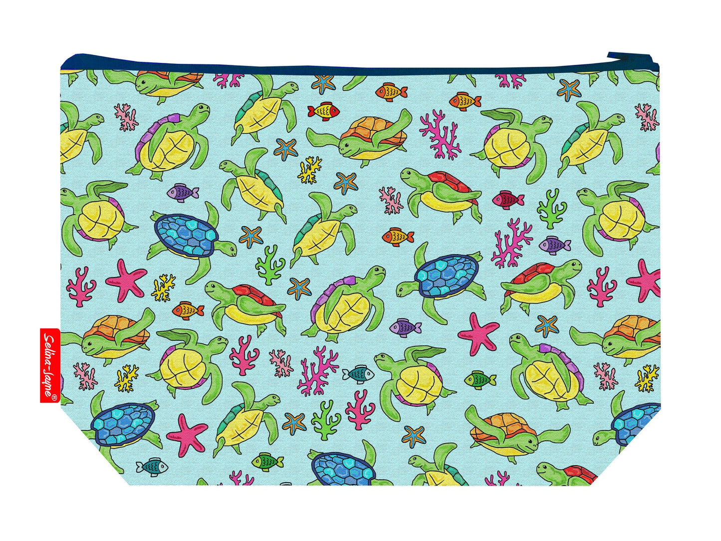 Turtles toiletry bag with sea turtle print showing washable lining and colour-coordinated zip