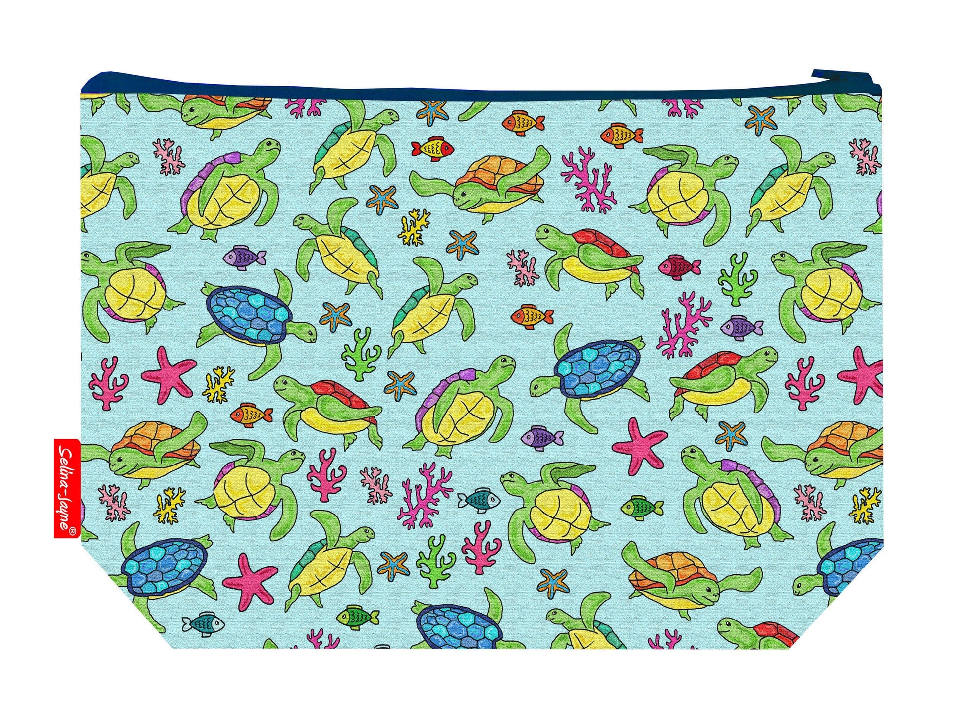 Turtles toiletry bag with sea turtle print showing washable lining and colour-coordinated zip