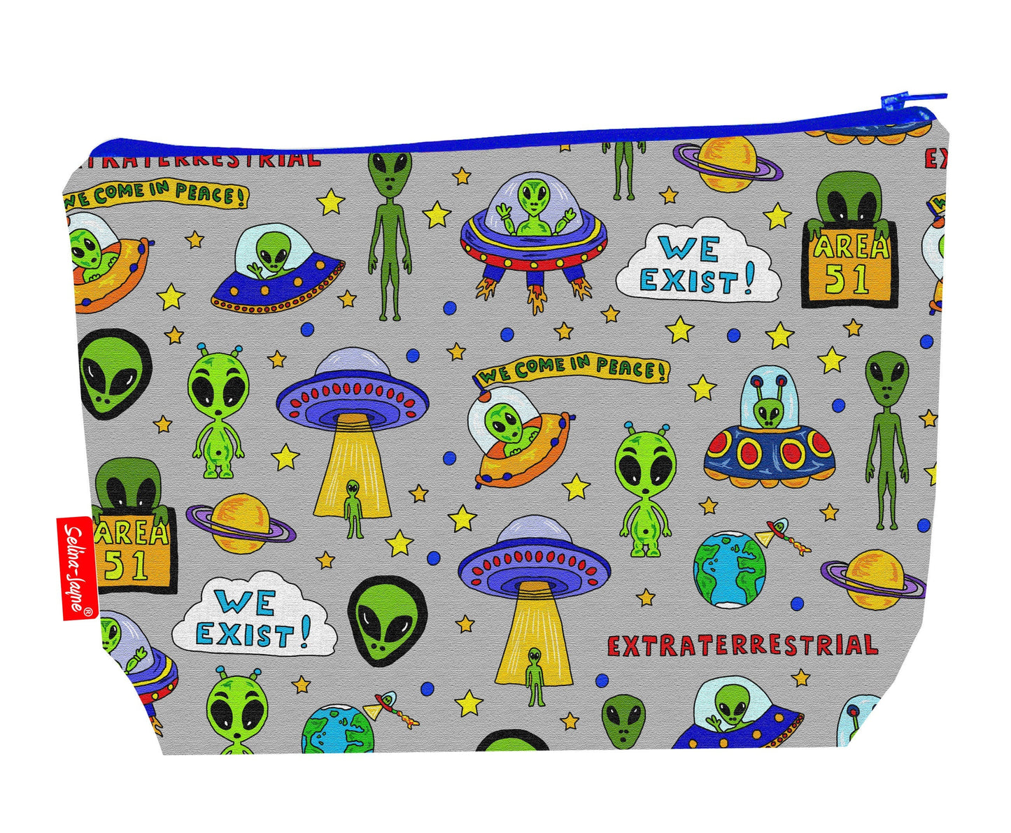 UFO Aliens toiletry bag with flying saucer and extraterrestrial print showing washable lining and colour-coordinated zip