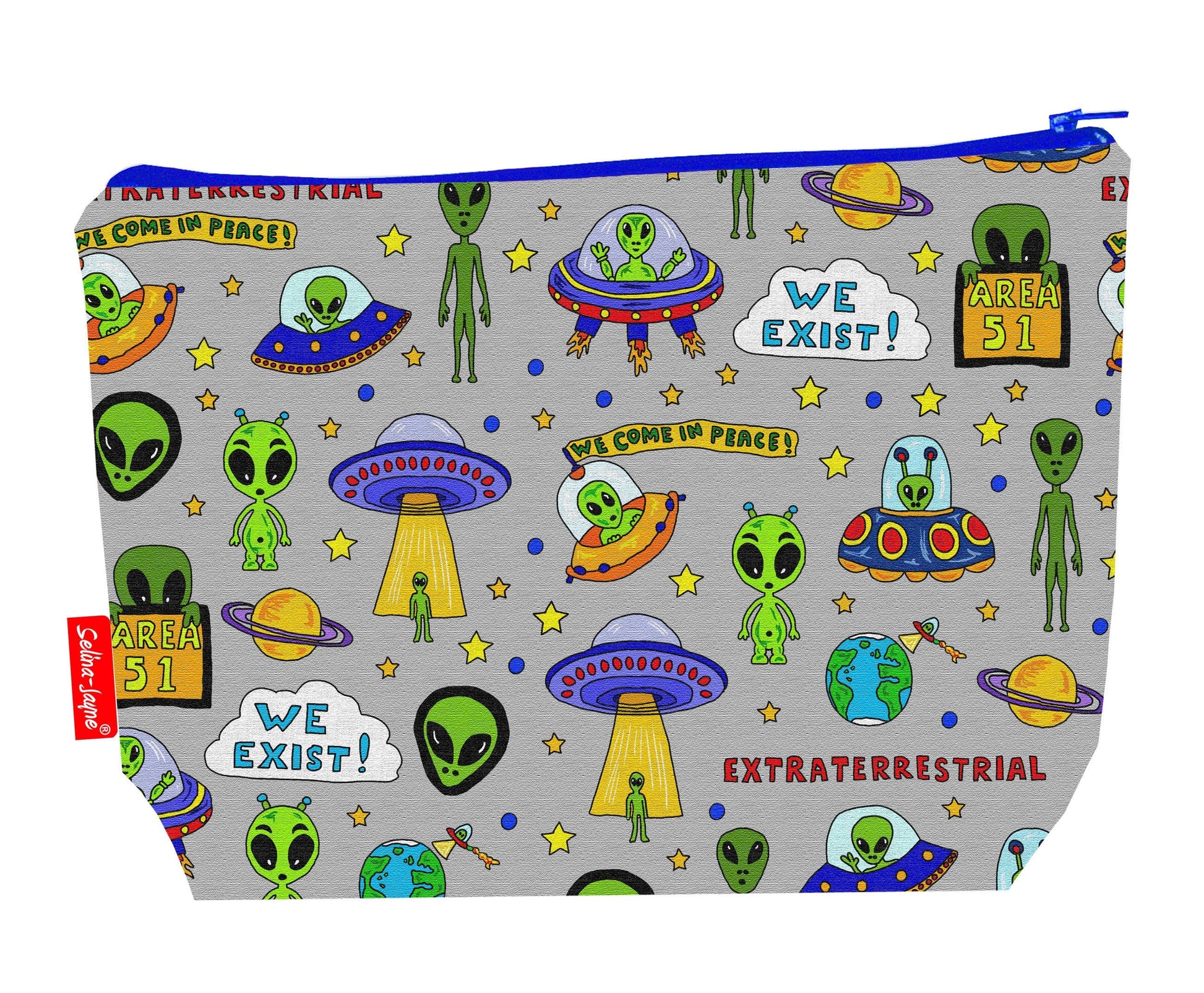 UFO Aliens toiletry bag with flying saucer and extraterrestrial print showing washable lining and colour-coordinated zip