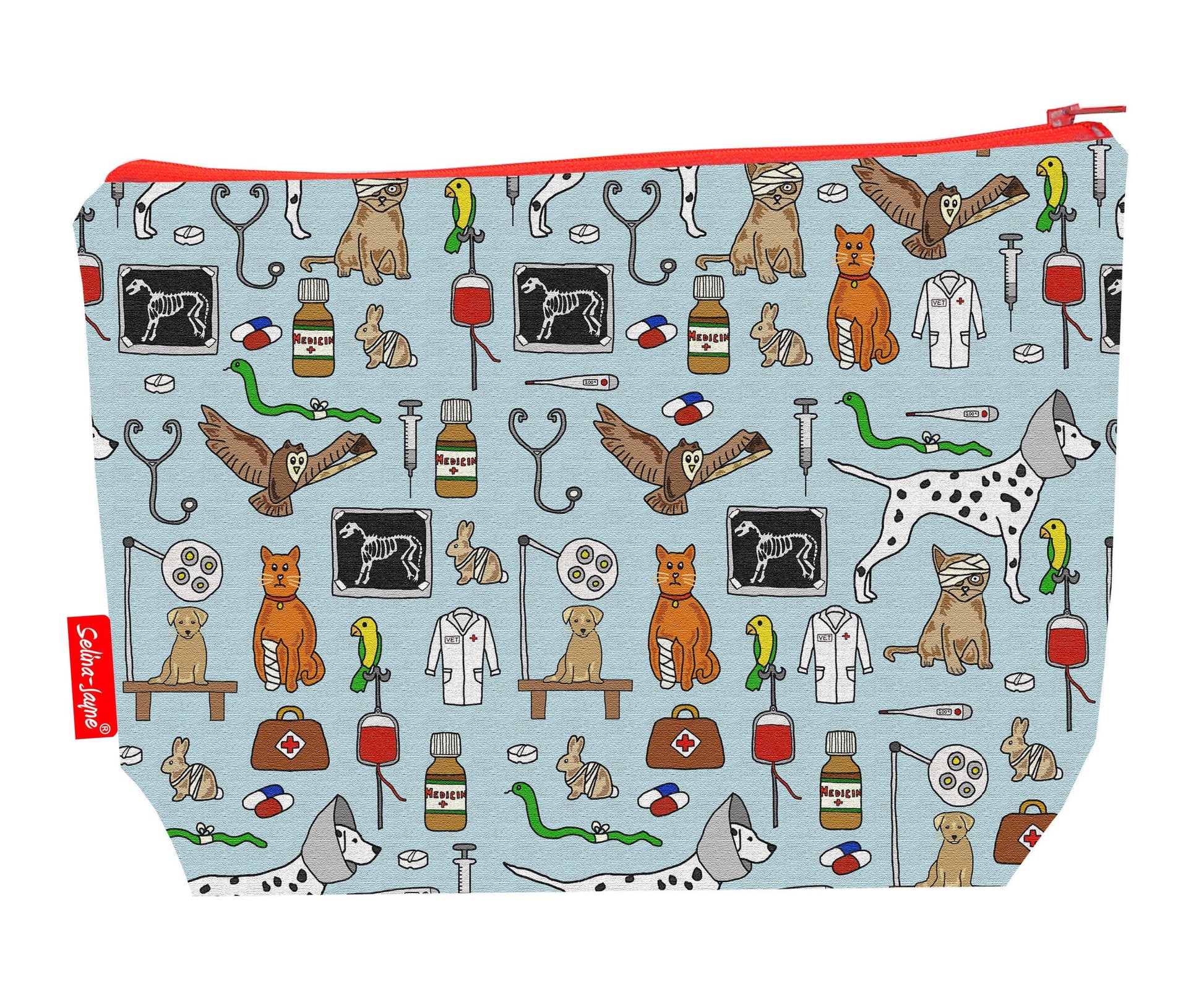 Vets toiletry bag with animal care professional print showing washable lining and colour-coordinated zip