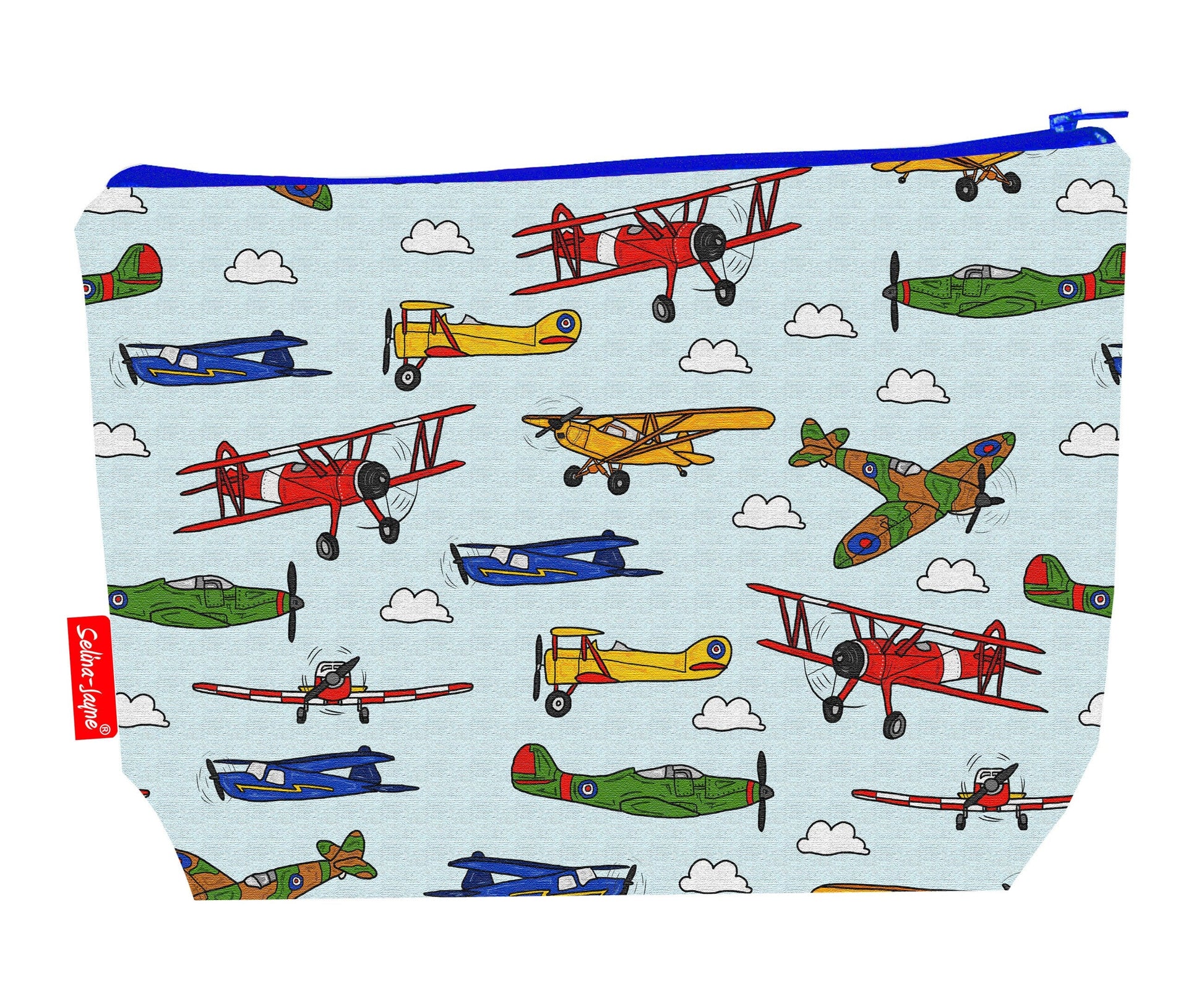 Vintage Airplanes toiletry bag with retro aircraft print showing washable lining and colour-coordinated zip