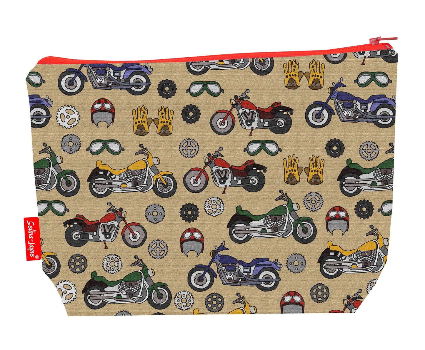 Vintage Bikes toiletry bag with retro motorcycle print showing washable lining and colour-coordinated zip