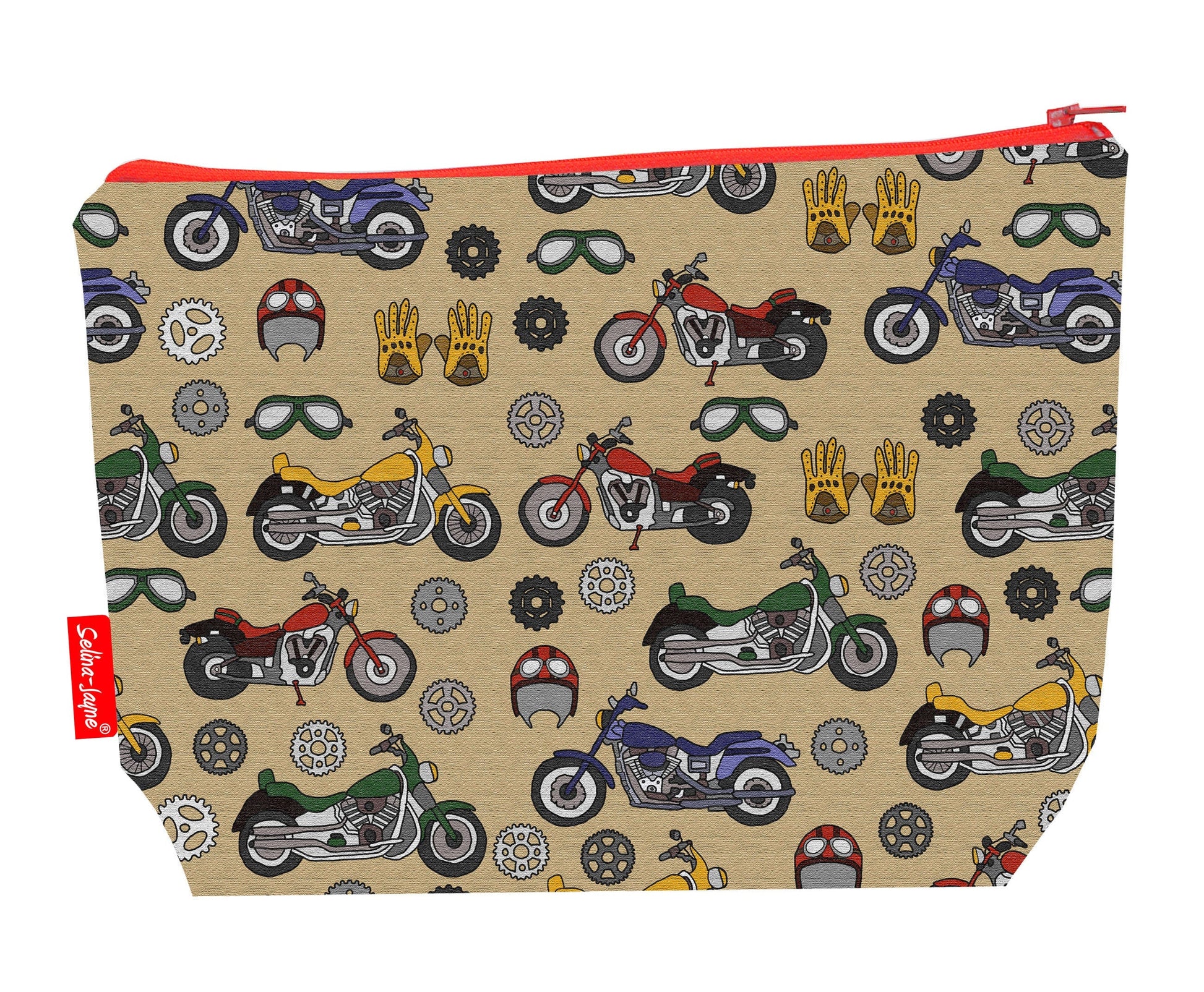 Vintage Bikes toiletry bag with retro motorcycle print showing washable lining and colour-coordinated zip