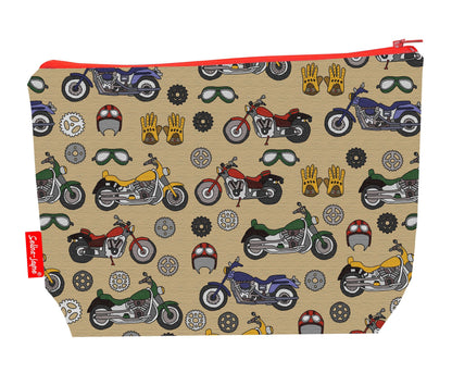 Vintage Bikes toiletry bag with retro motorcycle print showing washable lining and colour-coordinated zip