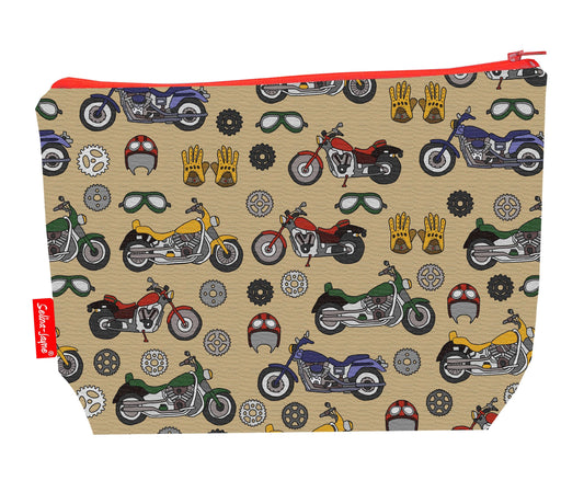 Vintage Bikes toiletry bag with retro motorcycle print showing washable lining and colour-coordinated zip