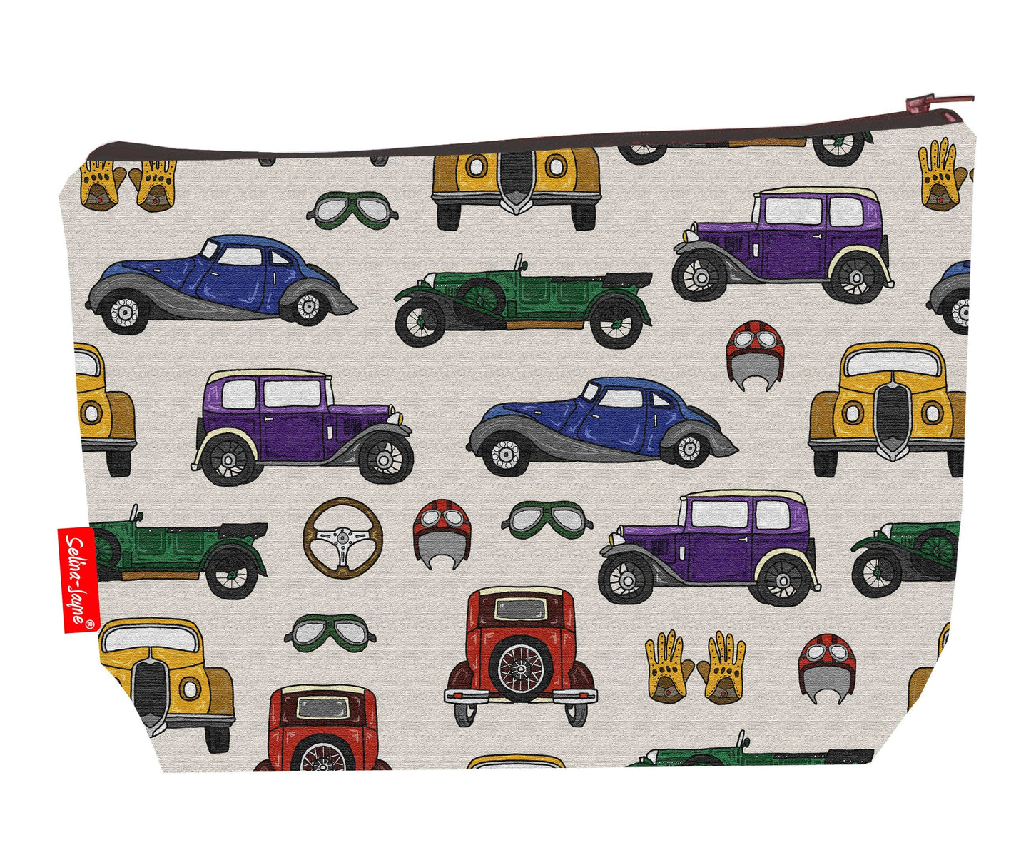 Vintage Cars toiletry bag with classic automobile print showing washable lining and colour-coordinated zip