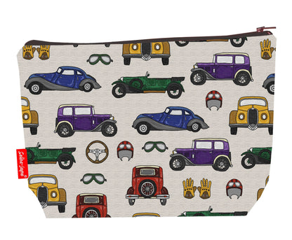 Vintage Cars toiletry bag with classic automobile print showing washable lining and colour-coordinated zip