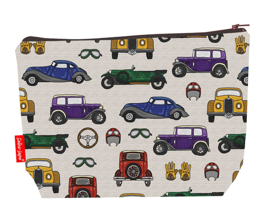 Vintage Cars toiletry bag with classic automobile print showing washable lining and colour-coordinated zip