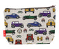 Vintage Cars toiletry bag with classic automobile print showing washable lining and colour-coordinated zip