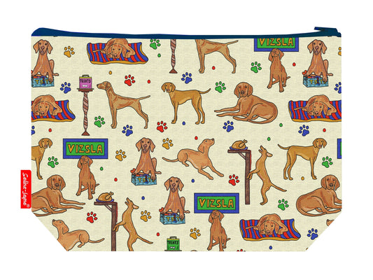 Vizsla toiletry bag with Hungarian pointer dog print showing washable lining and colour-coordinated zip