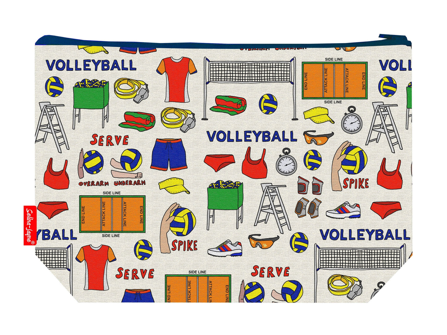 Volleyball toiletry bag with sports player print showing washable lining and colour-coordinated zip