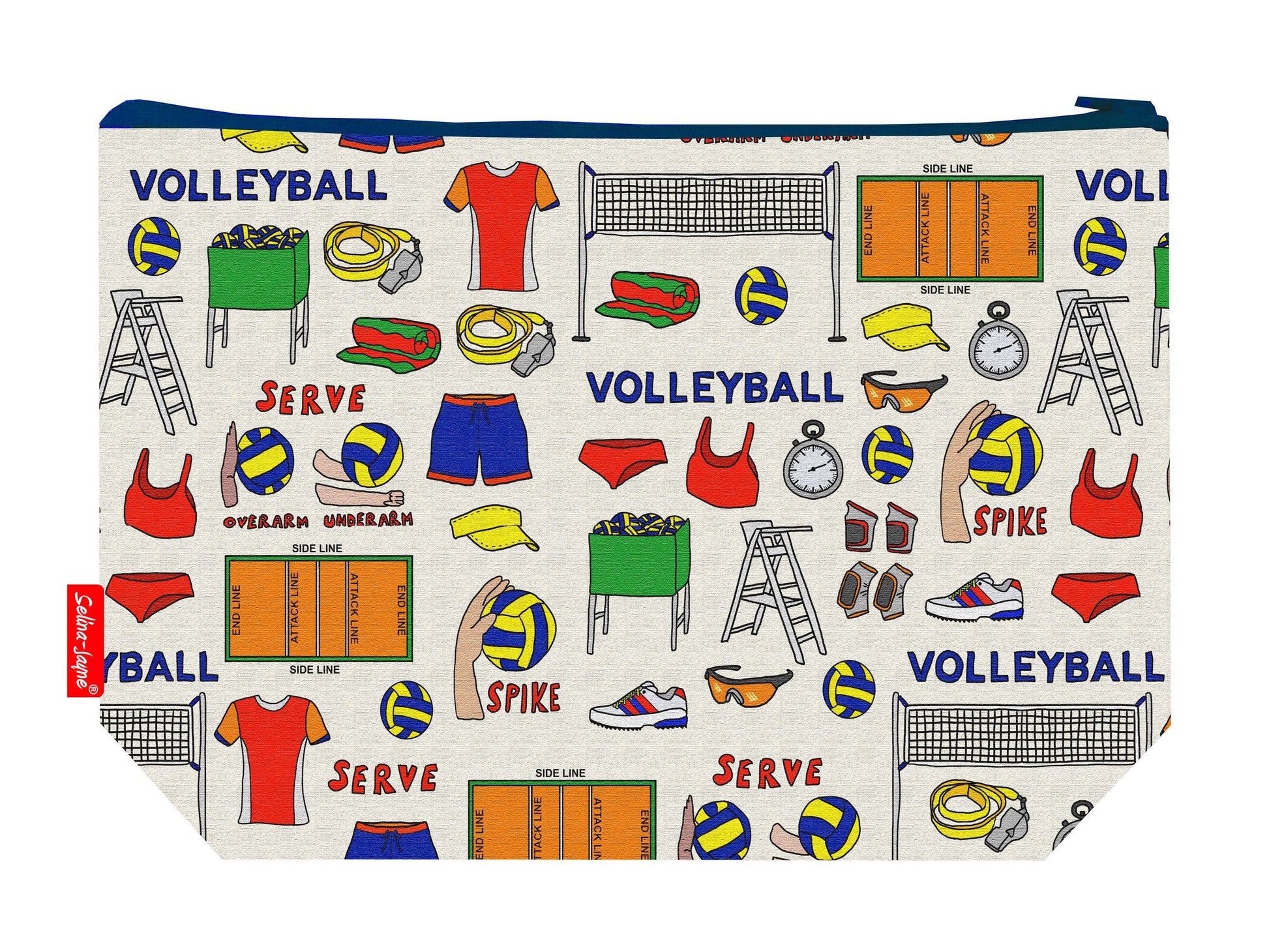 Volleyball toiletry bag with sports player print showing washable lining and colour-coordinated zip