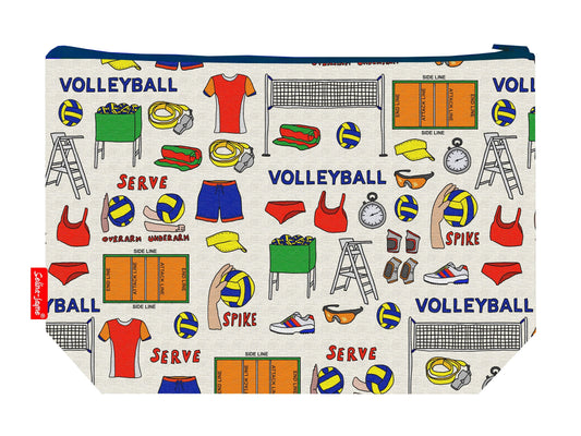 Volleyball toiletry bag with sports player print showing washable lining and colour-coordinated zip